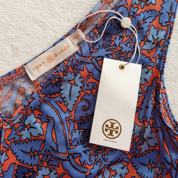 Tory Burch Dress 100% Silk Sheath Sleeveless V-Neck Floral Blue Coral XS NWT - Picture 14 of 14